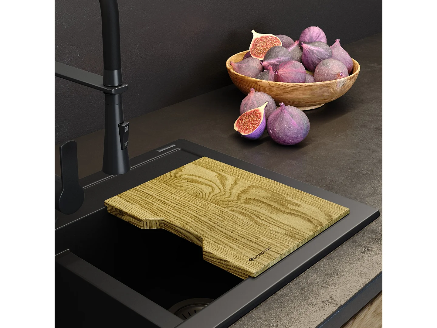 ÉVIER EN GRANIT 2 COMPARTIMENTS PLANCHE CHÊNE IMPRÉGNÉ DUET
