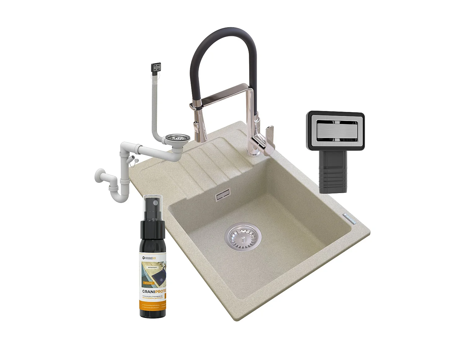 ÉVIER EN GRANIT BEIGE ARGOS + ROBINETTERIE VEGAS + SIPHON