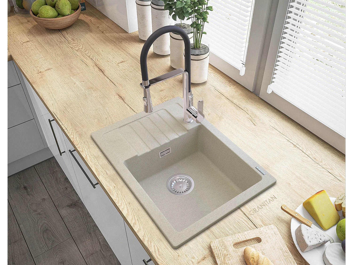 ÉVIER EN GRANIT BEIGE ARGOS + ROBINETTERIE VEGAS + SIPHON