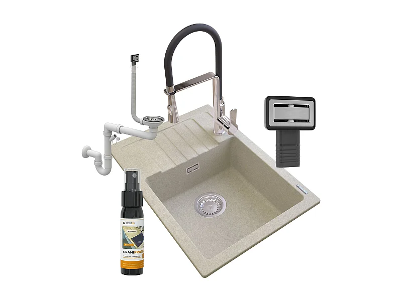 ÉVIER EN GRANIT BEIGE ARGOS + ROBINETTERIE VEGAS + SIPHON