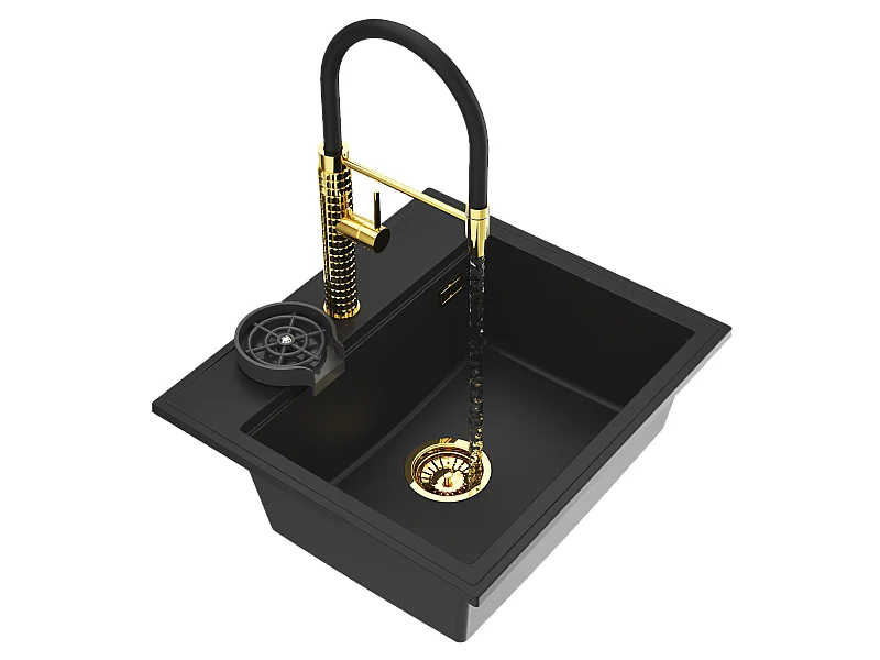 ÉVIER EN GRANIT ROBINET DE CUISINE NOIR LAVE-LINGE SIPHON OR SET FOXAL