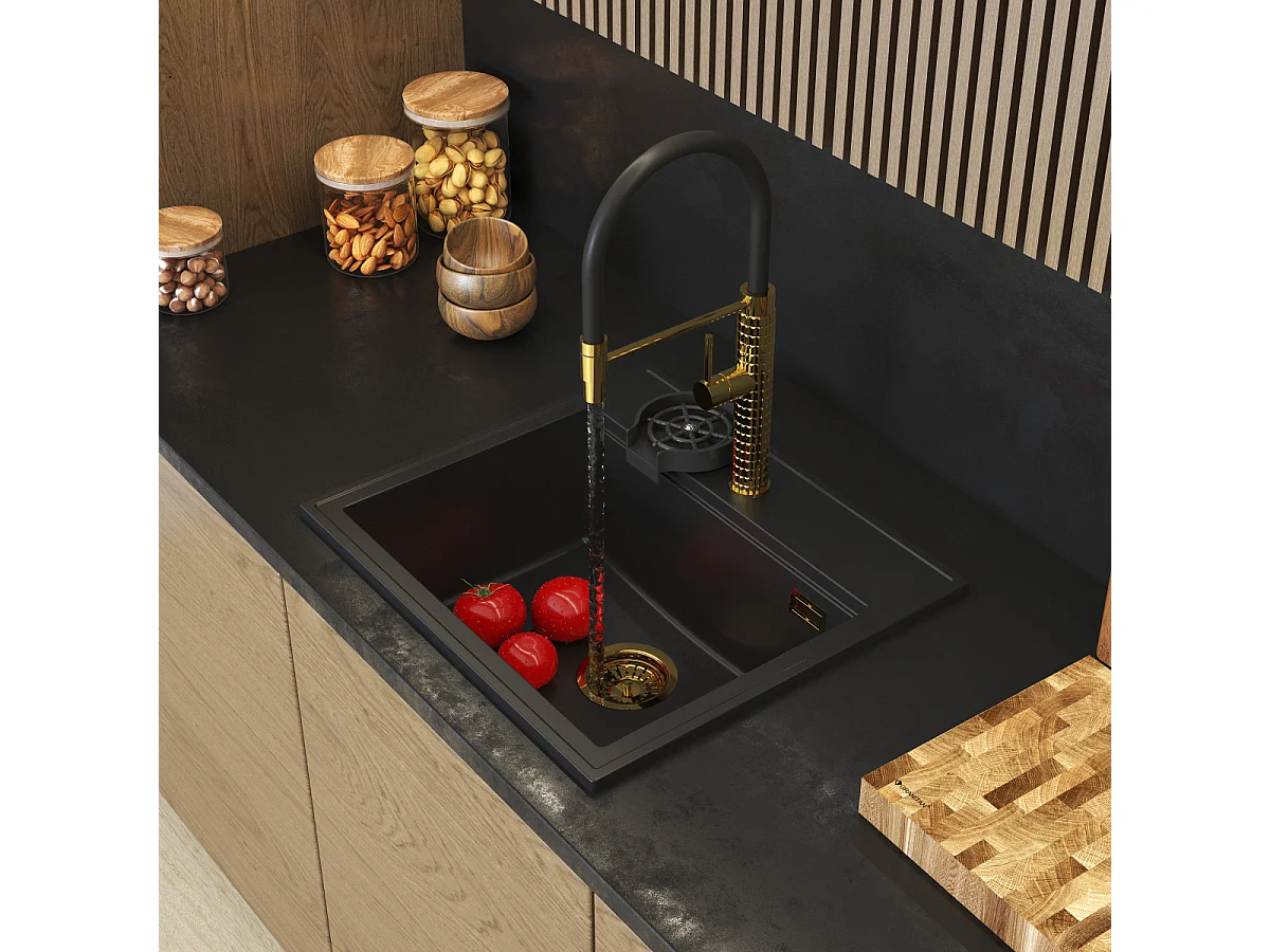 ÉVIER EN GRANIT ROBINET DE CUISINE NOIR LAVE-LINGE SIPHON OR SET FOXAL