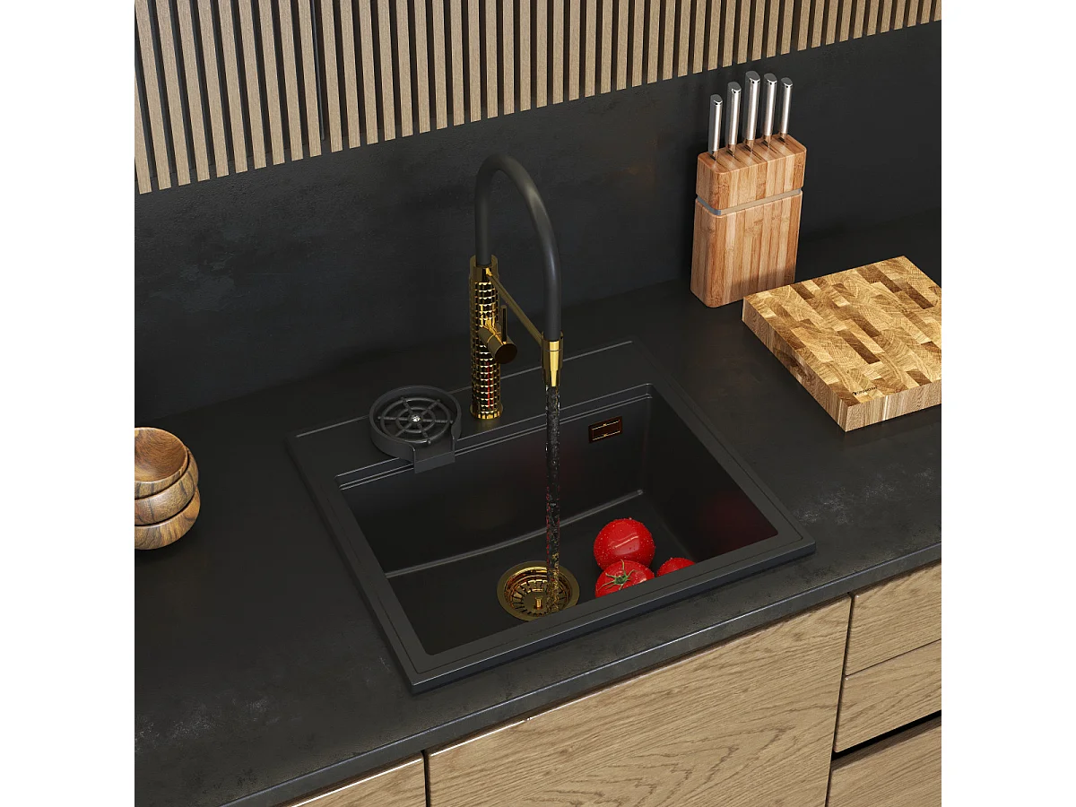 ÉVIER EN GRANIT ROBINET DE CUISINE NOIR LAVE-LINGE SIPHON OR SET FOXAL