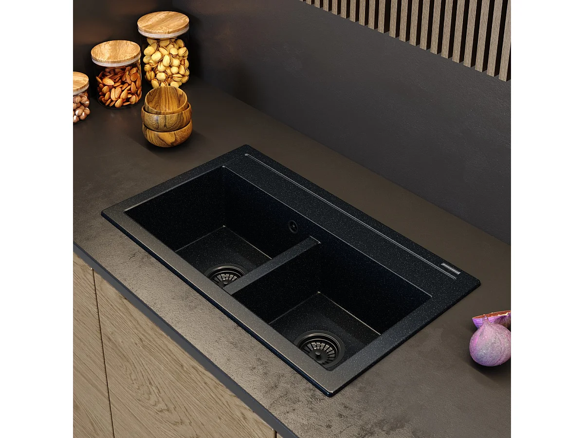 ÉVIER EN GRANIT NOIR MÉTALLIQUE SIPHON DUET