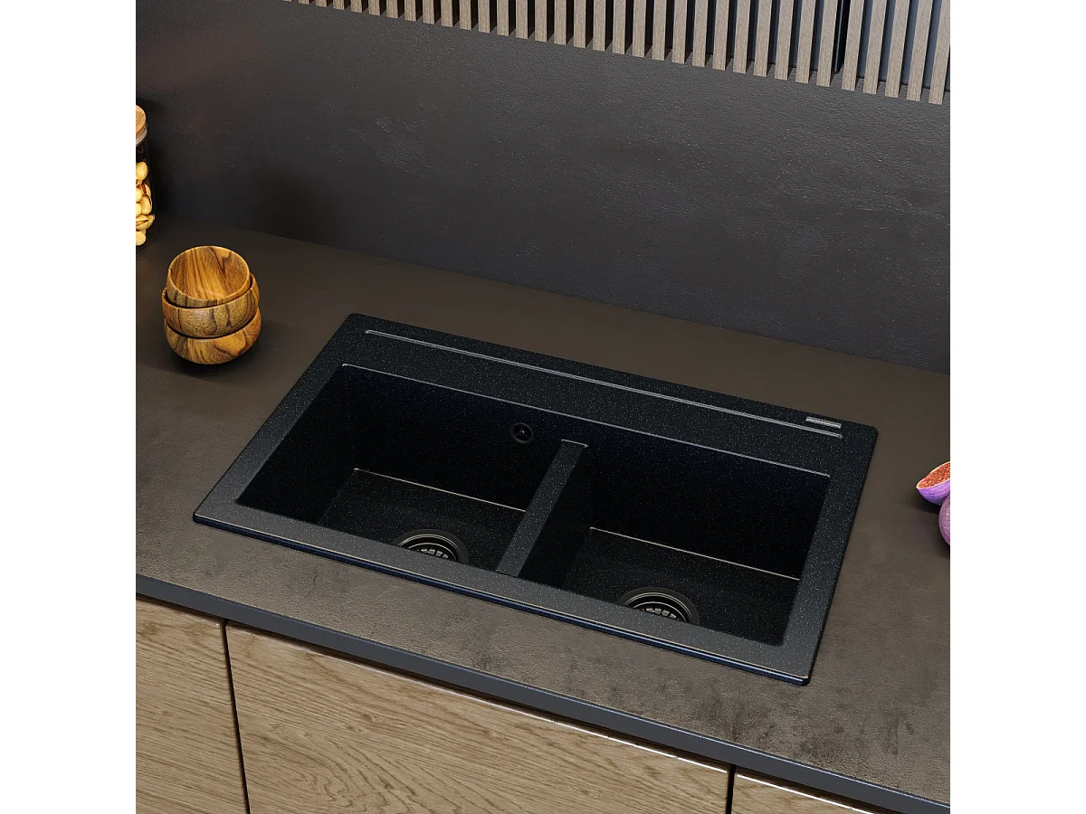 ÉVIER EN GRANIT NOIR MÉTALLIQUE SIPHON DUET