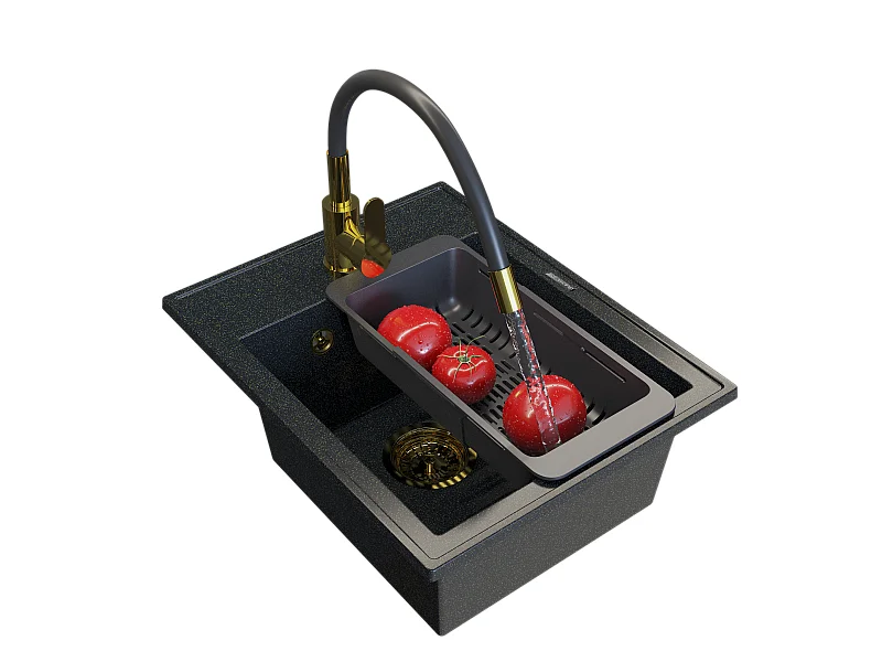 ENSEMBLE ÉVIER EN GRANIT MONOCUVE ROBINETTERIE OR SIPHON ÉGOUTTOIR NERO