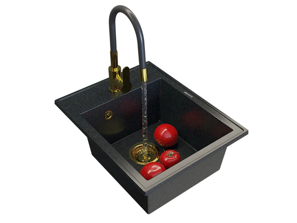 ENSEMBLE ÉVIER EN GRANIT MONOCUVE ROBINETTERIE OR SIPHON ÉGOUTTOIR NERO