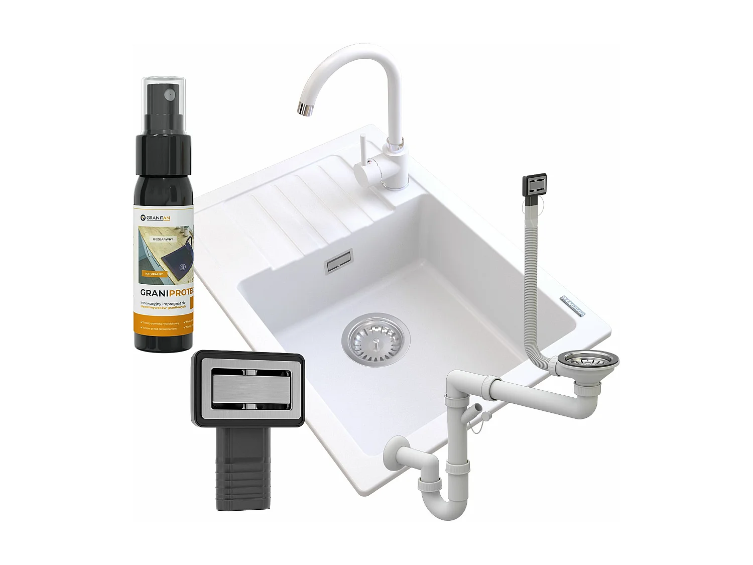 ÉVIER EN GRANIT BLANC ARGOS + MITIGEUR BETA + SIPHON