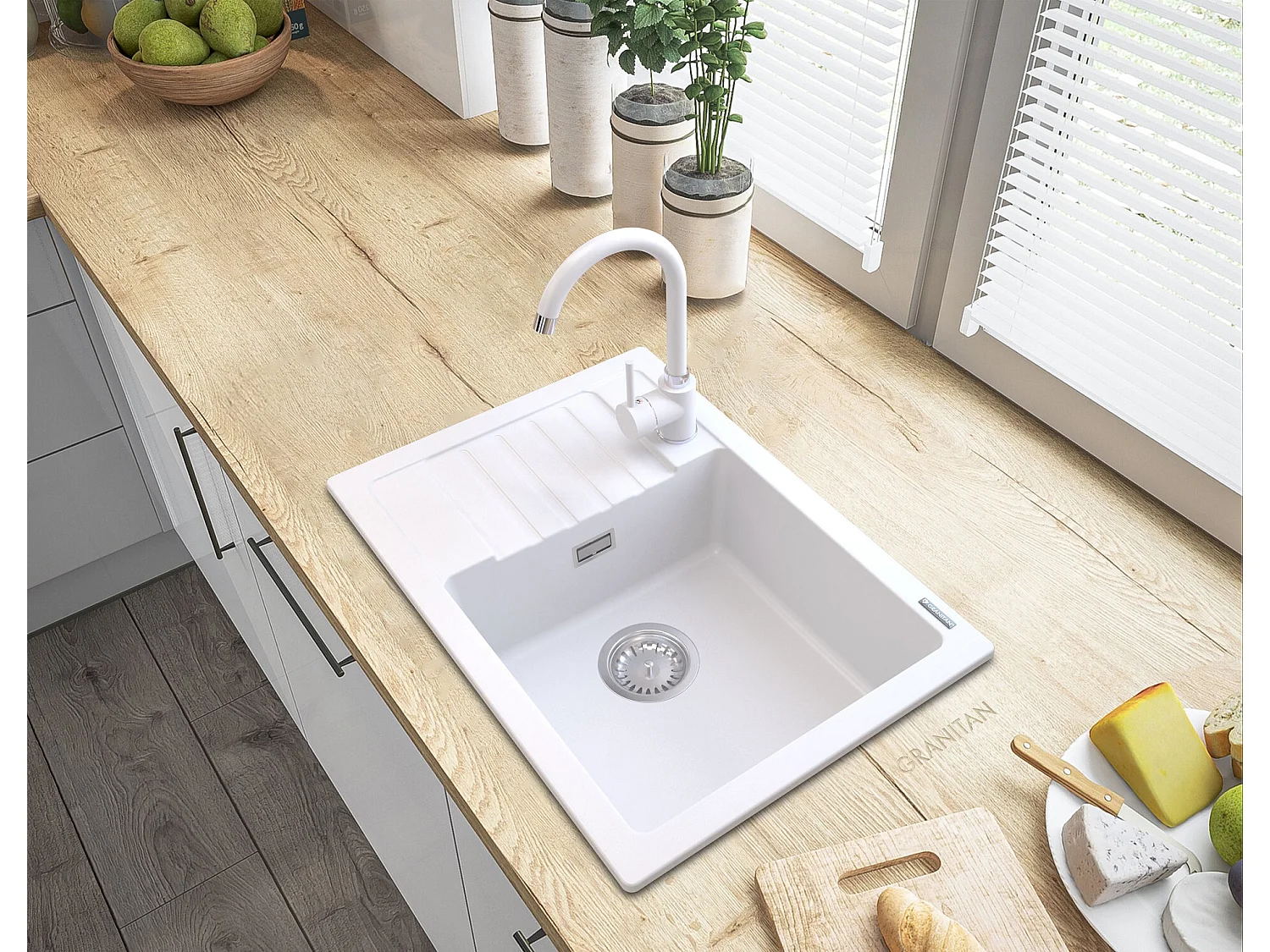 ÉVIER EN GRANIT BLANC ARGOS + MITIGEUR BETA + SIPHON