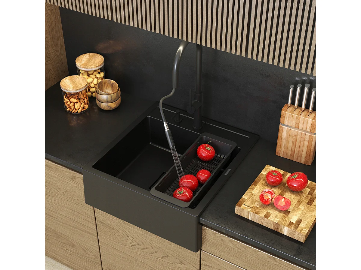 GRANIT ÉVIER SCANDINAVE FARMHOUSE NOIR ROBINET DISTRIBUTEUR ÉGOUTTOIR TAVO