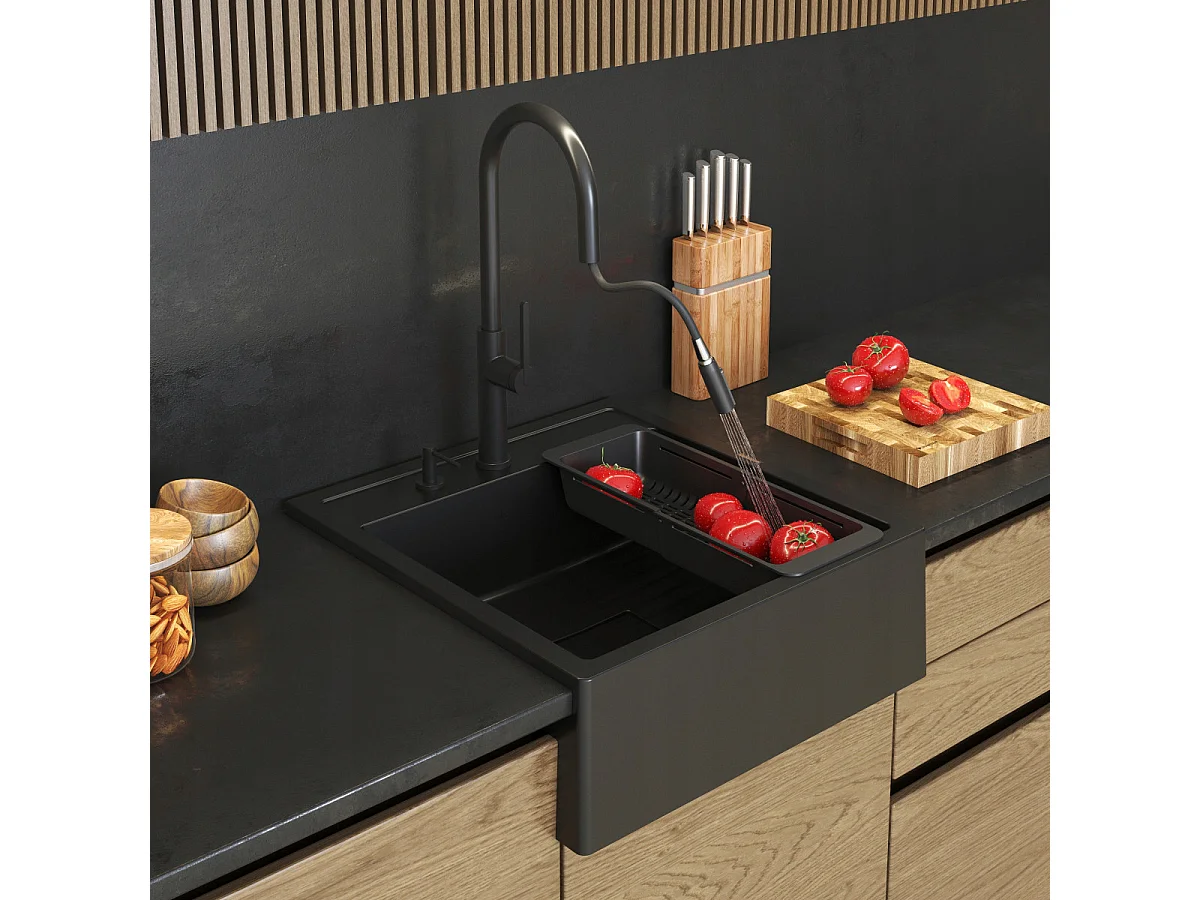GRANIT ÉVIER SCANDINAVE FARMHOUSE NOIR ROBINET DISTRIBUTEUR ÉGOUTTOIR TAVO