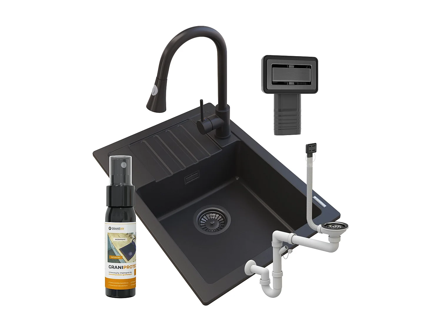 GRANIT NOIR ARGOS ÉVIER + ROBINET SERPENT + SIPHON