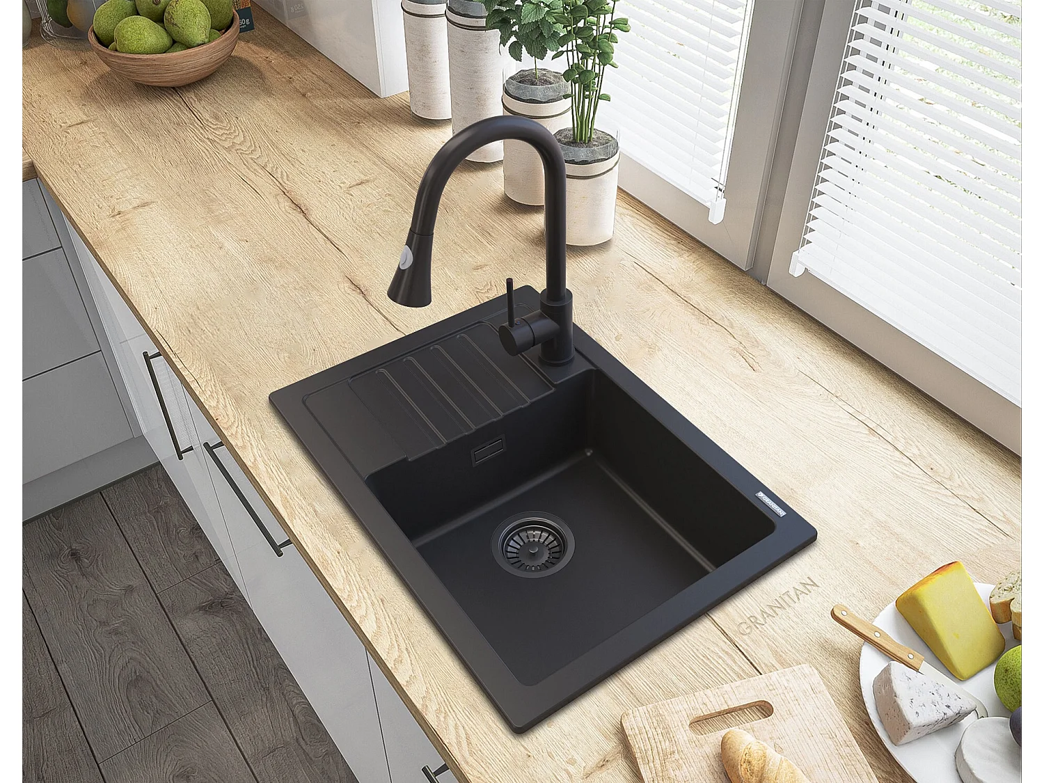 GRANIT NOIR ARGOS ÉVIER + ROBINET SERPENT + SIPHON