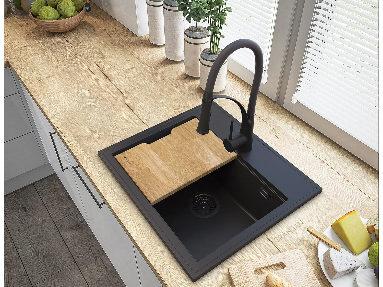 ÉVIER EN GRANIT NOIR FOXAL + MITIGEUR NOIR NEXO