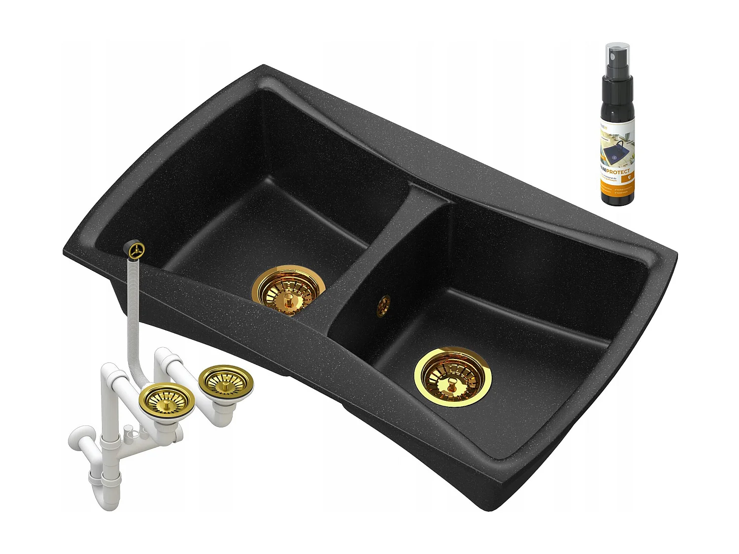 ÉVIER DOUBLE BAC EN GRANIT SIPHON OR