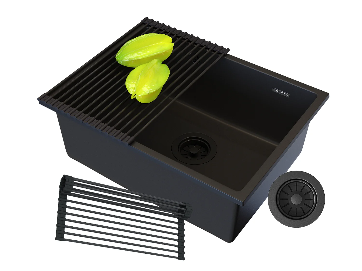 GRANIT ÉVIER SOUS PLAN NOIR SIPHON KLIK KLAK MAT ROLLED MANADO 60