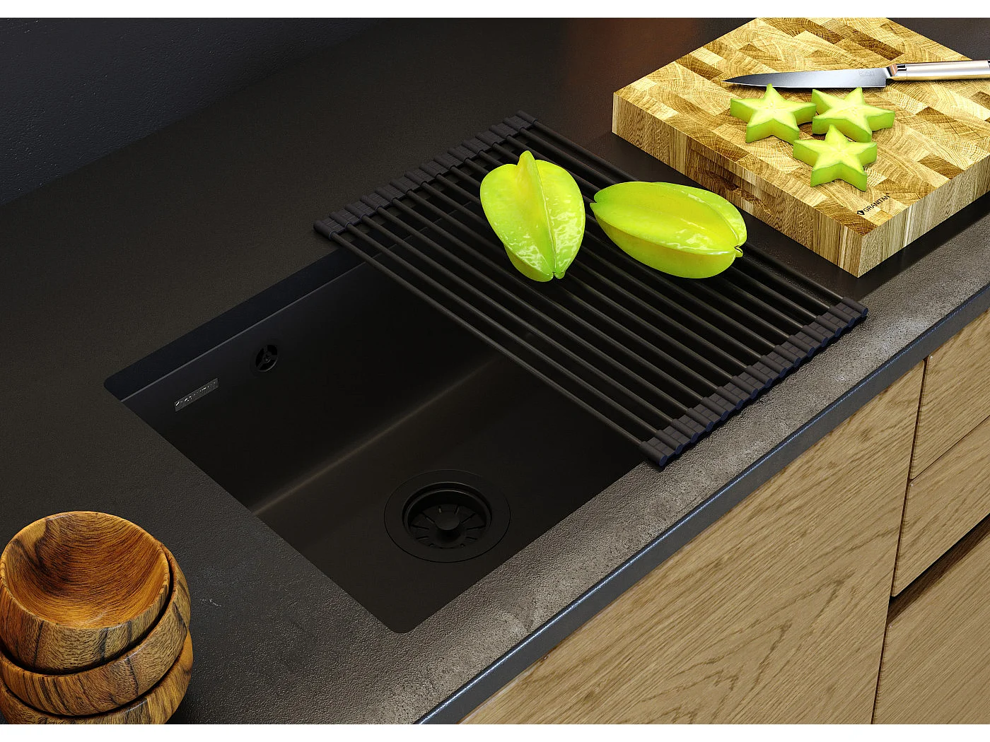 GRANIT ÉVIER SOUS PLAN NOIR SIPHON KLIK KLAK MAT ROLLED MANADO 60