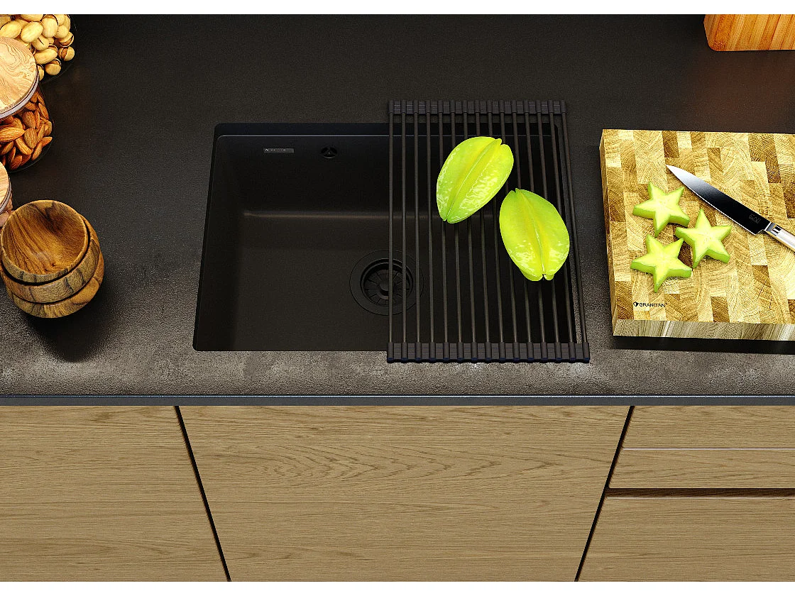 GRANIT ÉVIER SOUS PLAN NOIR SIPHON KLIK KLAK MAT ROLLED MANADO 60