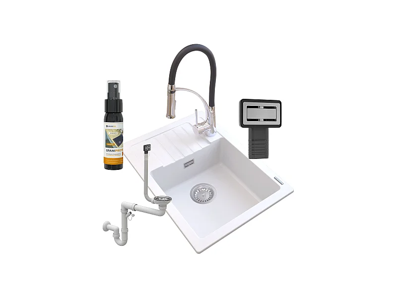 ÉVIER EN GRANIT BLANC ARGOS + MITIGEUR NEXO + SIPHON