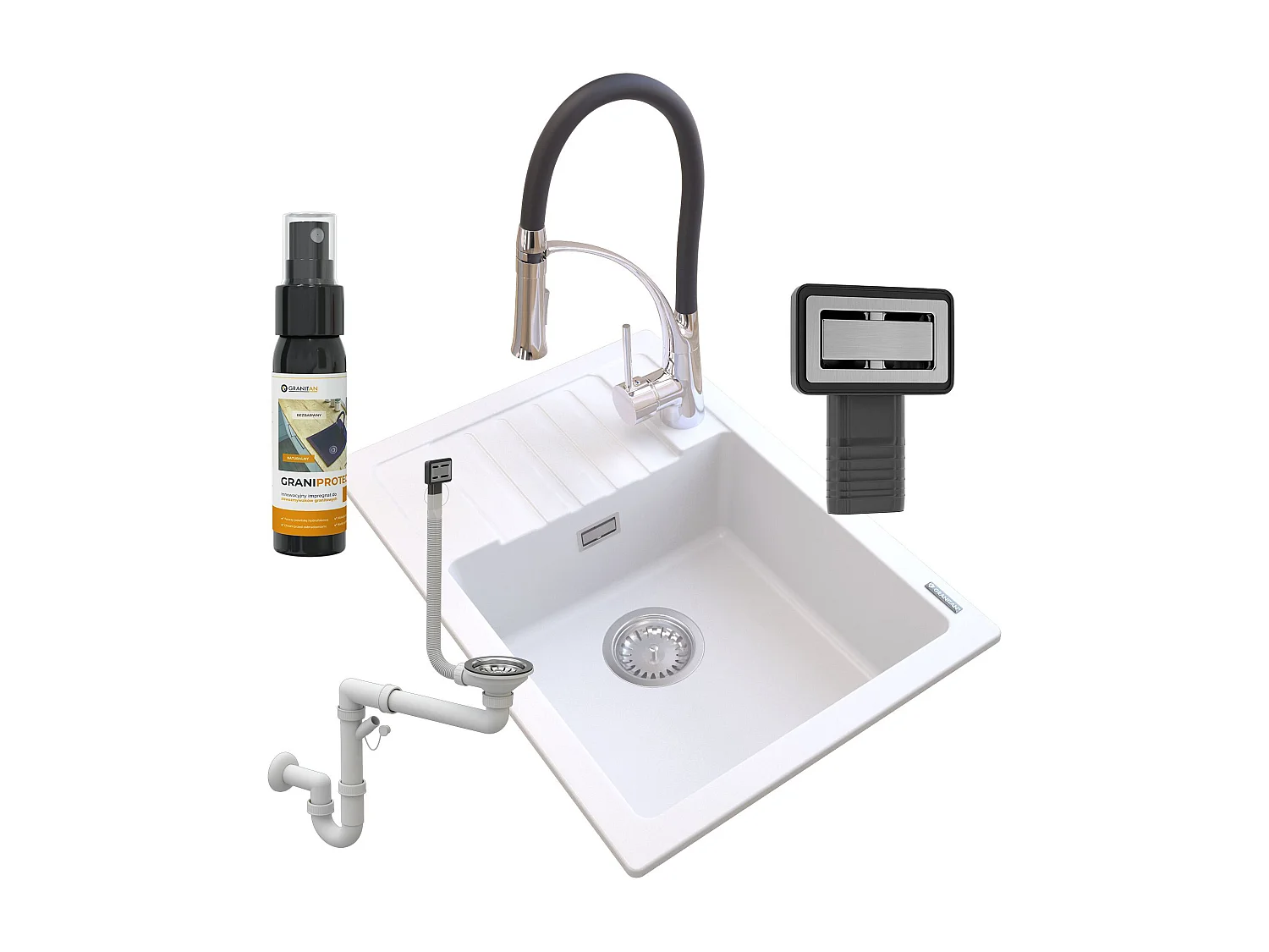 ÉVIER EN GRANIT BLANC ARGOS + MITIGEUR NEXO + SIPHON