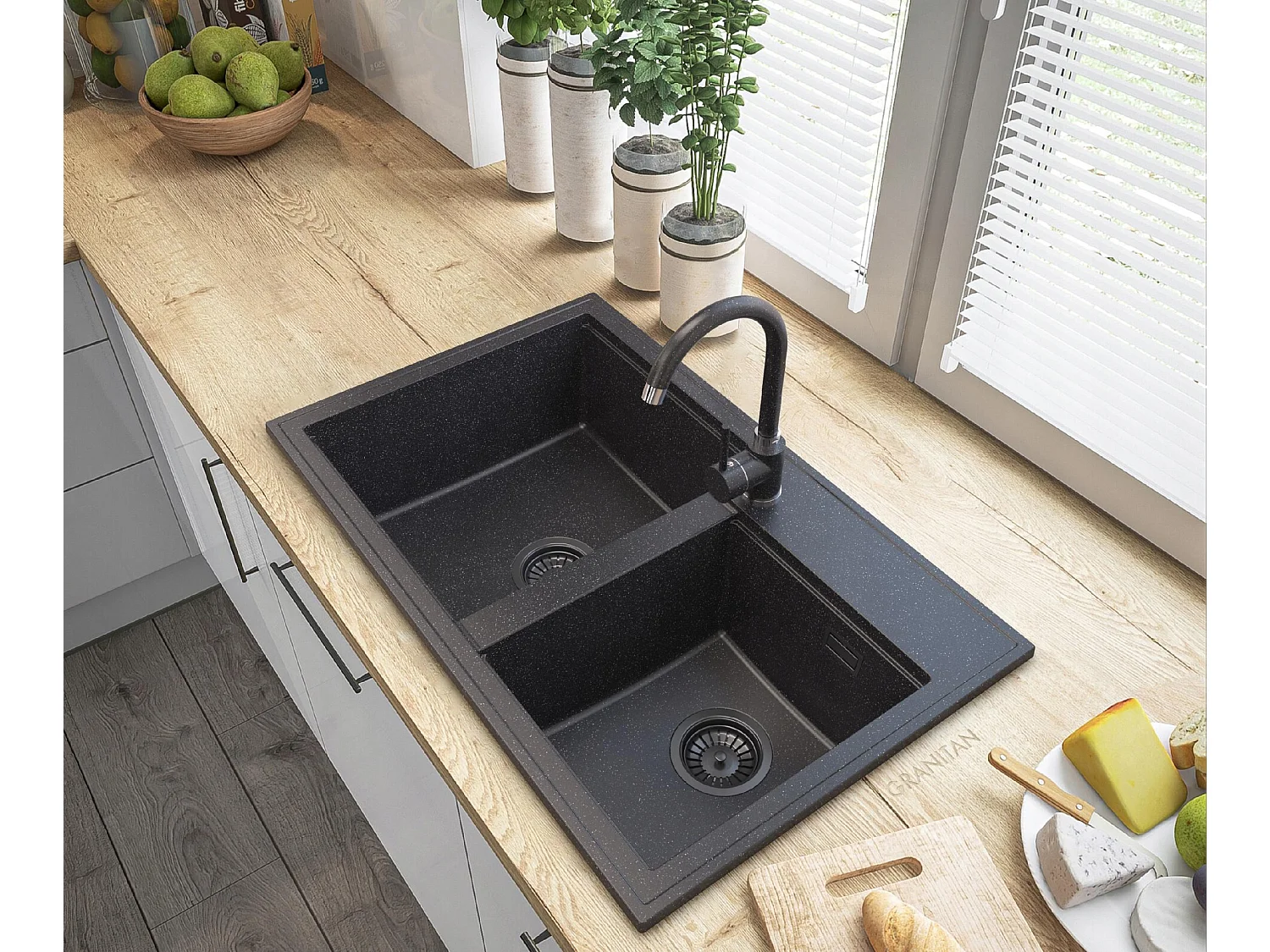 ÉVIER EN GRANIT HEKTOR SIPHON NOIR ROBINET GRANIT