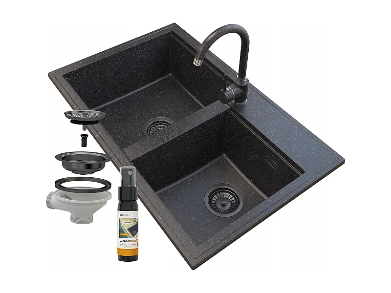 ÉVIER EN GRANIT HEKTOR SIPHON NOIR ROBINET GRANIT