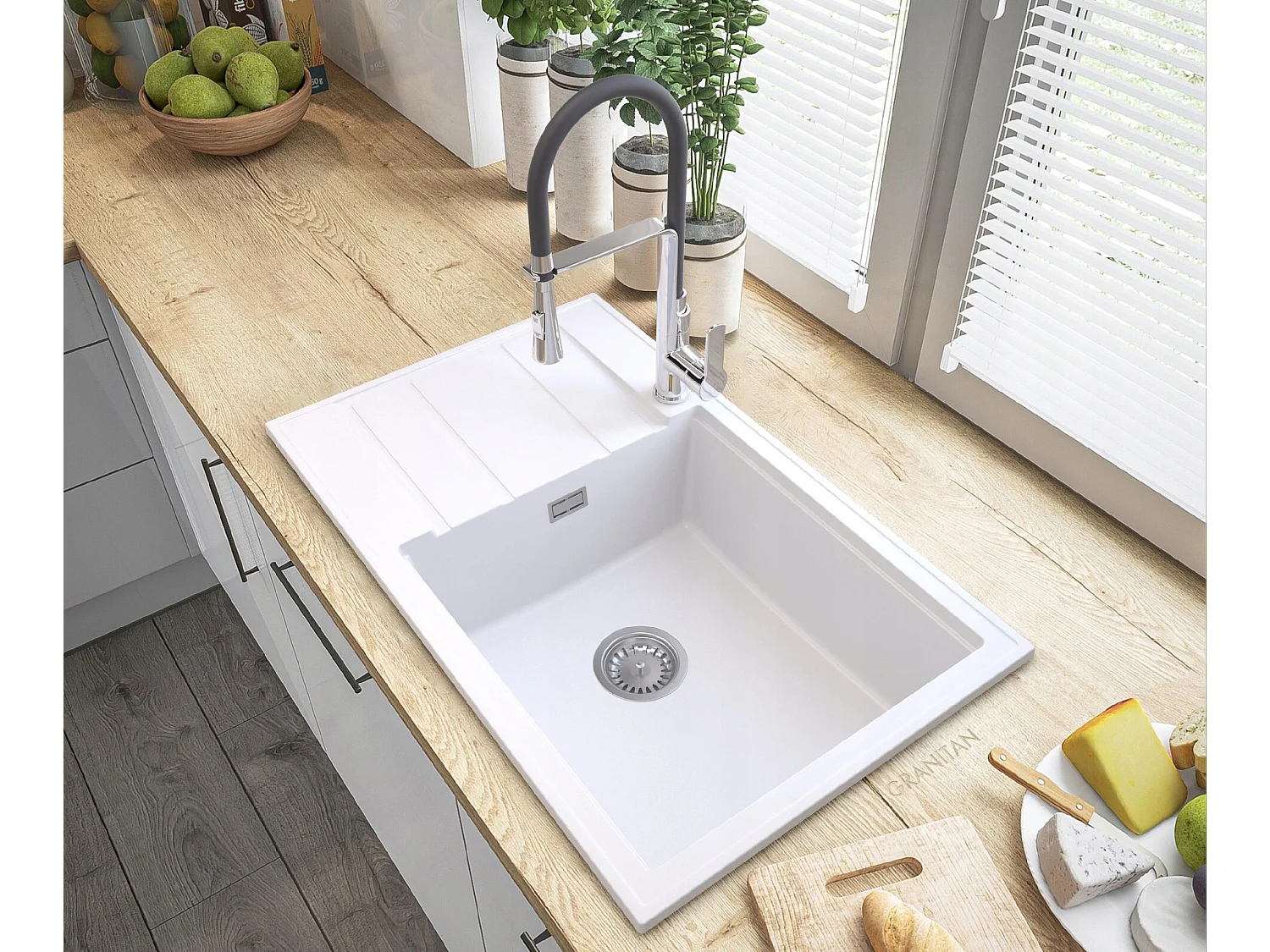 ÉVIER GRANIT BLANC LOUIS SIPHON BAT VEGAS CHROME