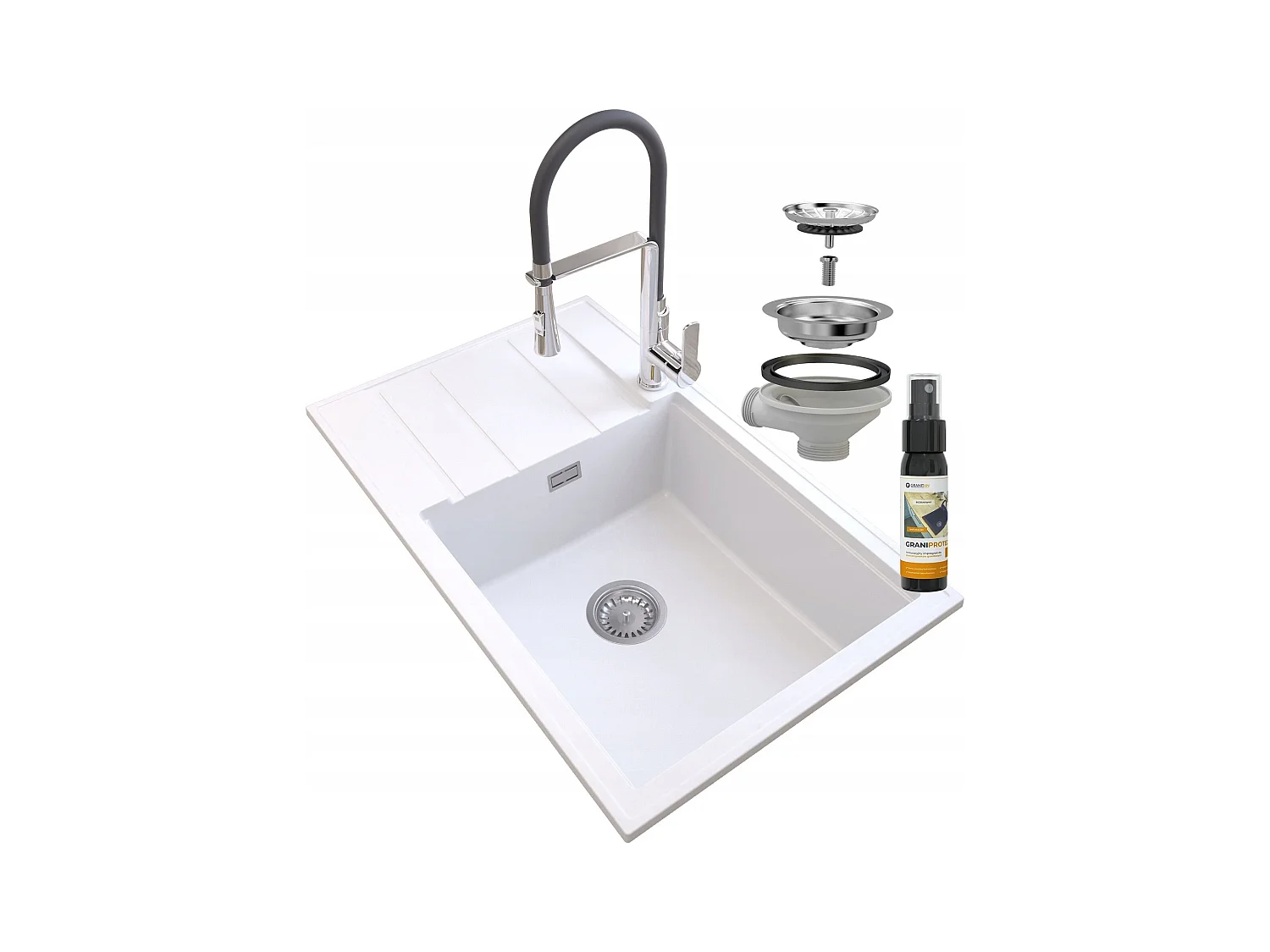 ÉVIER GRANIT BLANC LOUIS SIPHON BAT VEGAS CHROME