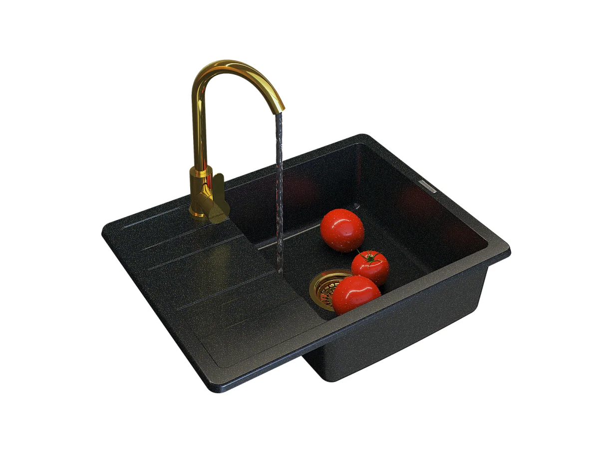 ÉVIER MONOCUVE EN GRANIT ROBINET SIPHON DORÉ PAROS