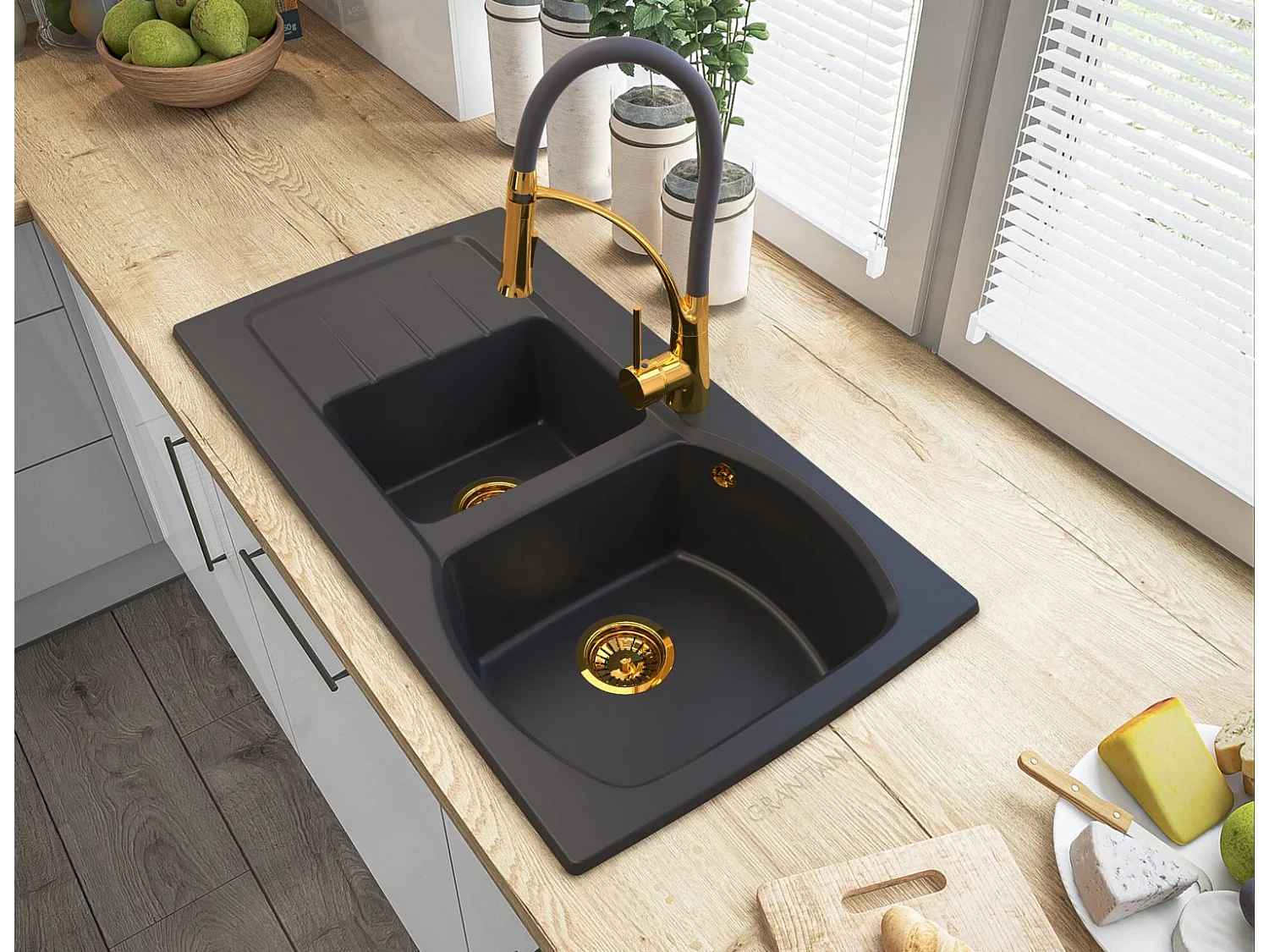 ZŁOTY Syfon zlewozmywak GRANITOWY dwukomorowy