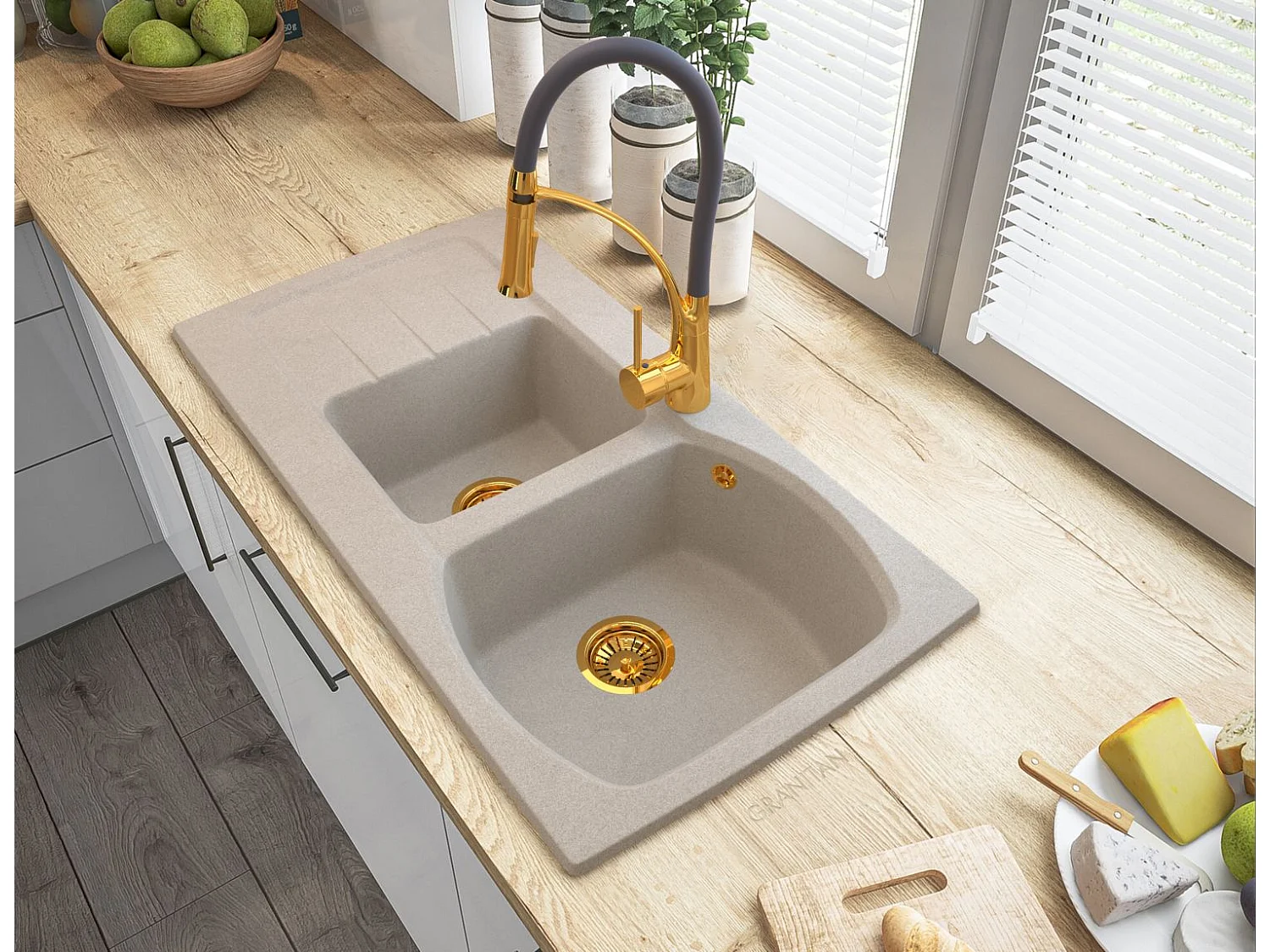 ZŁOTY Syfon zlewozmywak GRANITOWY dwukomorowy