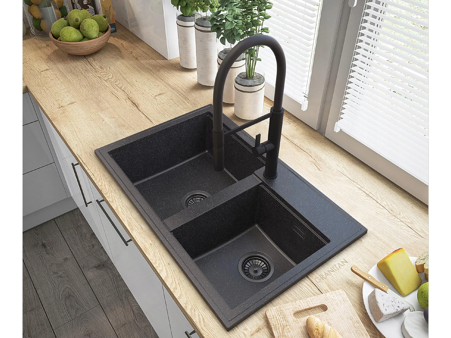 ÉVIER EN GRANIT SIPHON ROBINET NOIR HEKTOR GRANIT