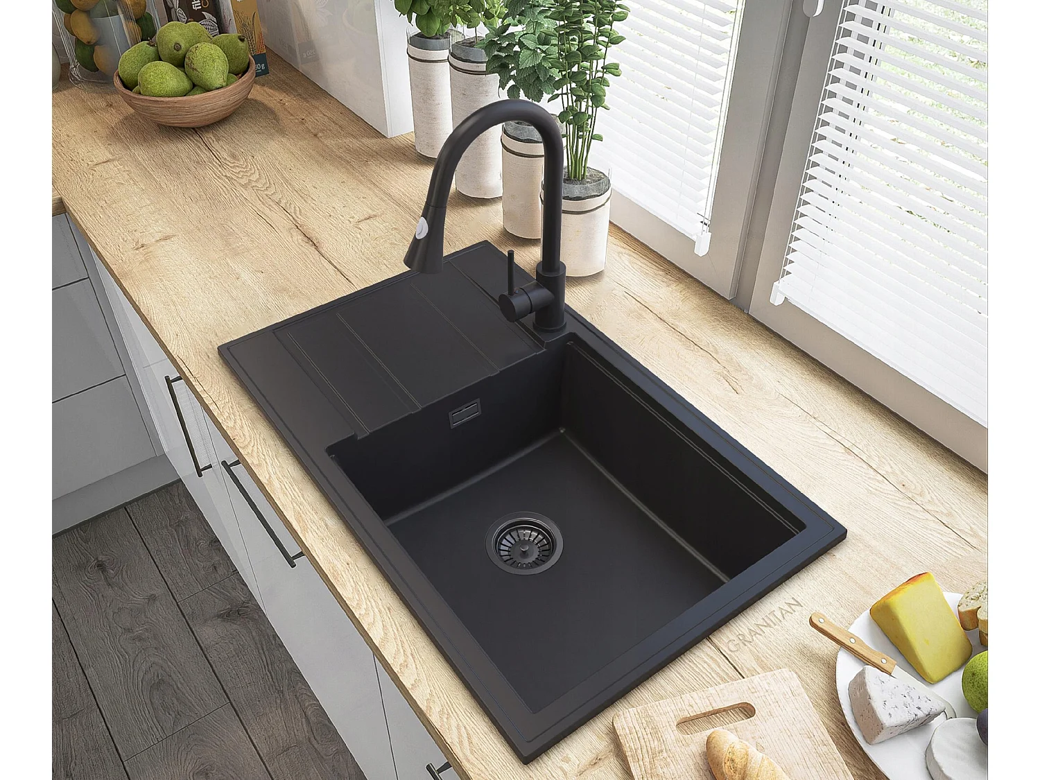 ÉVIER GRANIT NOIR LOUIS SIPHON BAT SNAKE NOIR