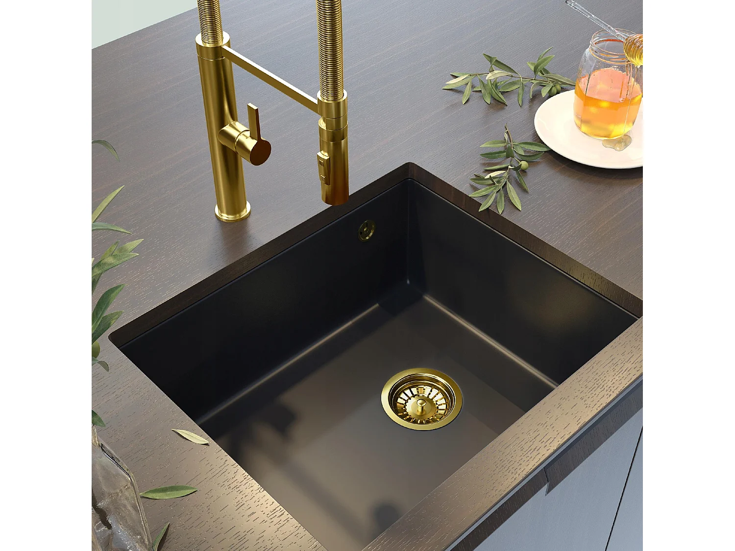 Évier Sous Plan Granit Noir SALIX avec Siphon Gold