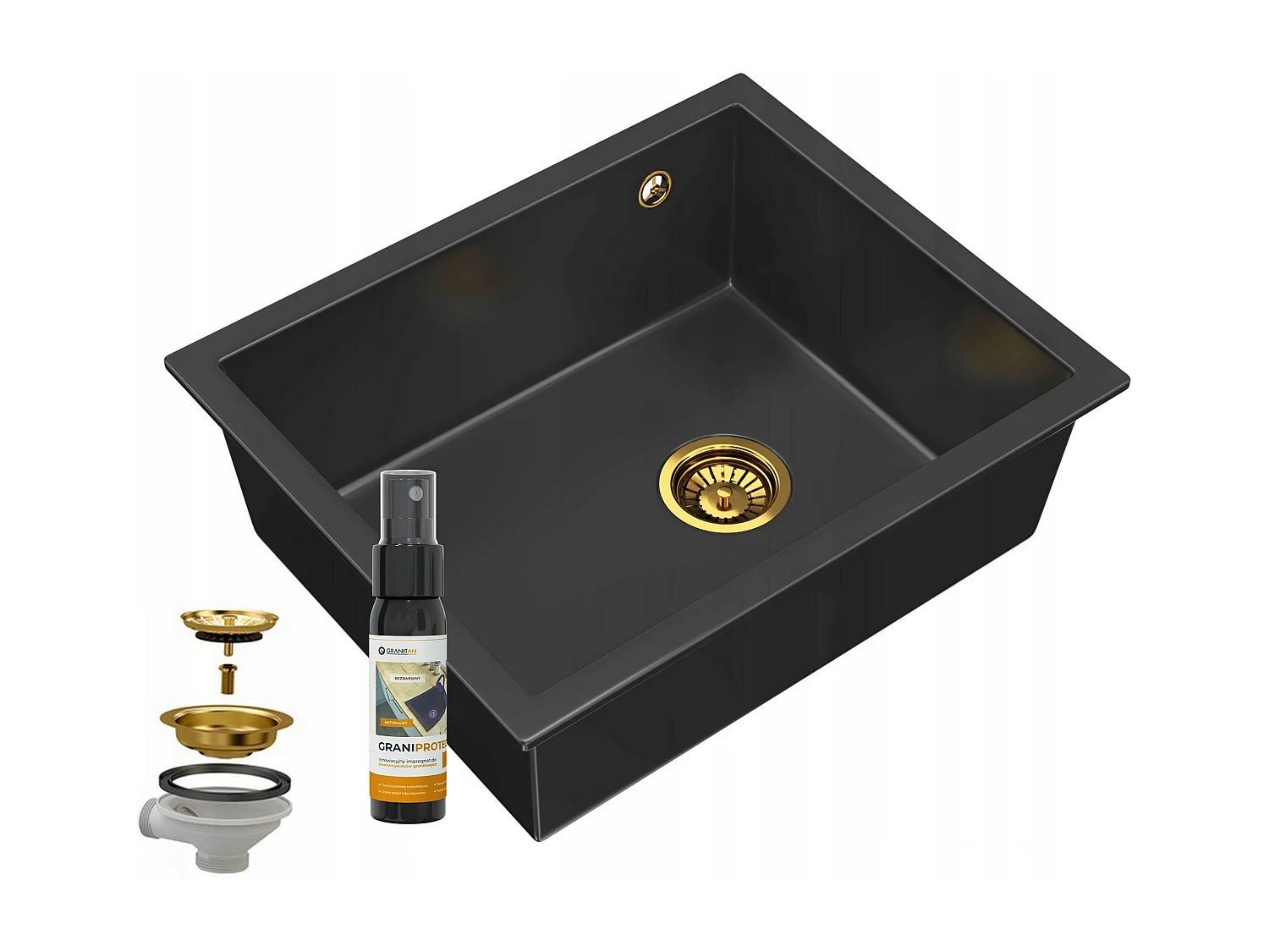 Évier Sous Plan Granit Noir SALIX avec Siphon Gold