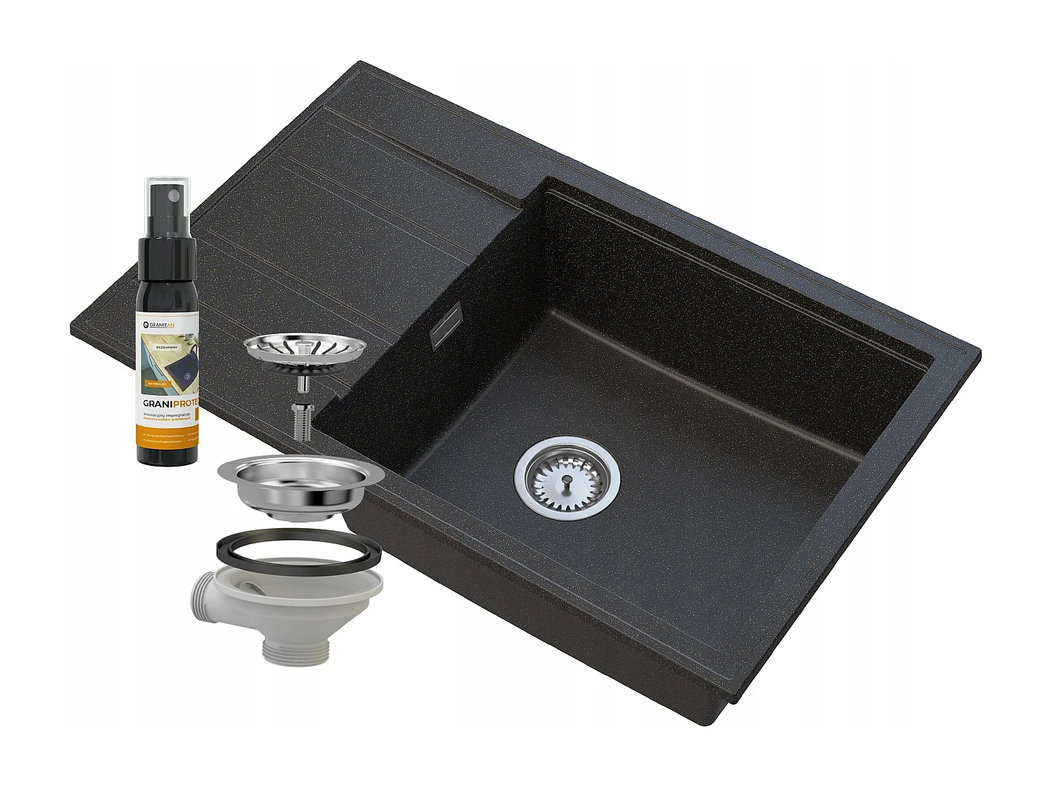 ÉVIER EN GRANIT ÉGOUTTOIR DORÉ SIPHON CHROME LOUIS