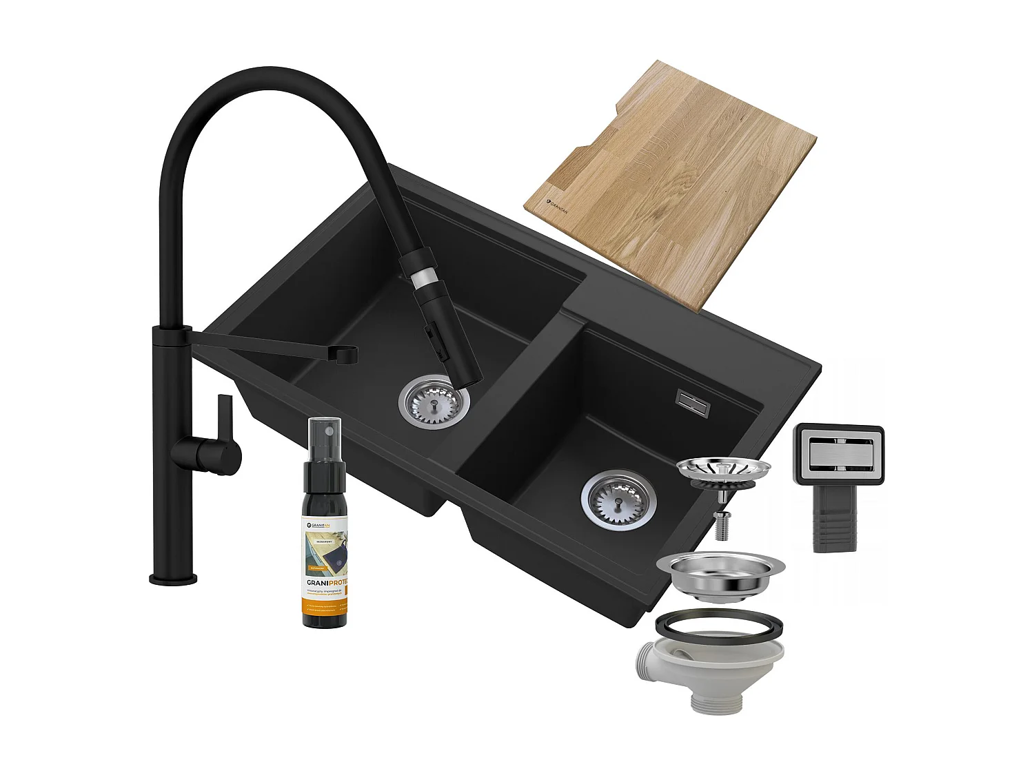 ÉVIER EN GRANIT ROBINET HECTOR NOIR SIPHON CHROMÉ COMPLET