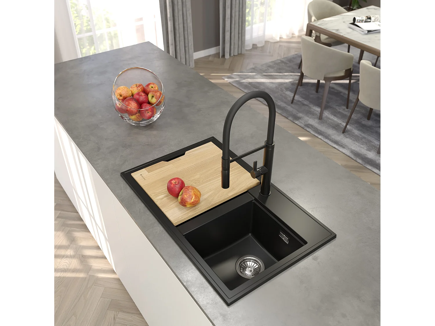 ÉVIER EN GRANIT ROBINET HECTOR NOIR SIPHON CHROMÉ COMPLET