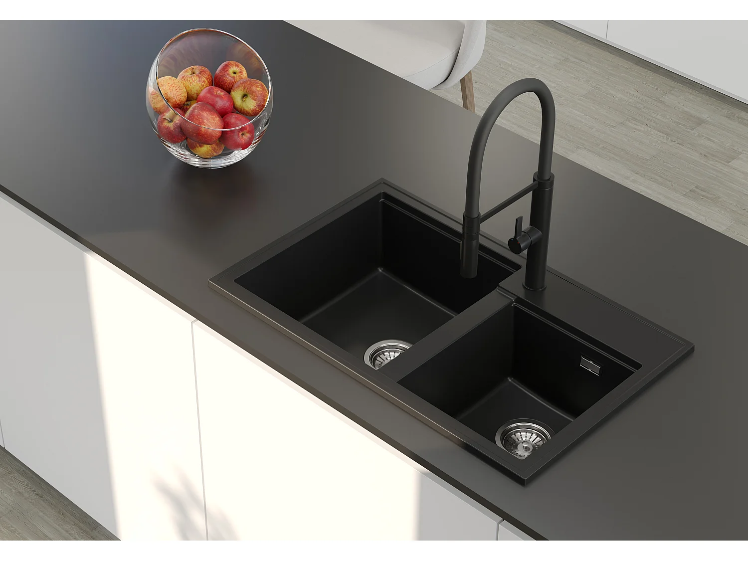 ÉVIER EN GRANIT ROBINET HECTOR NOIR SIPHON CHROMÉ COMPLET