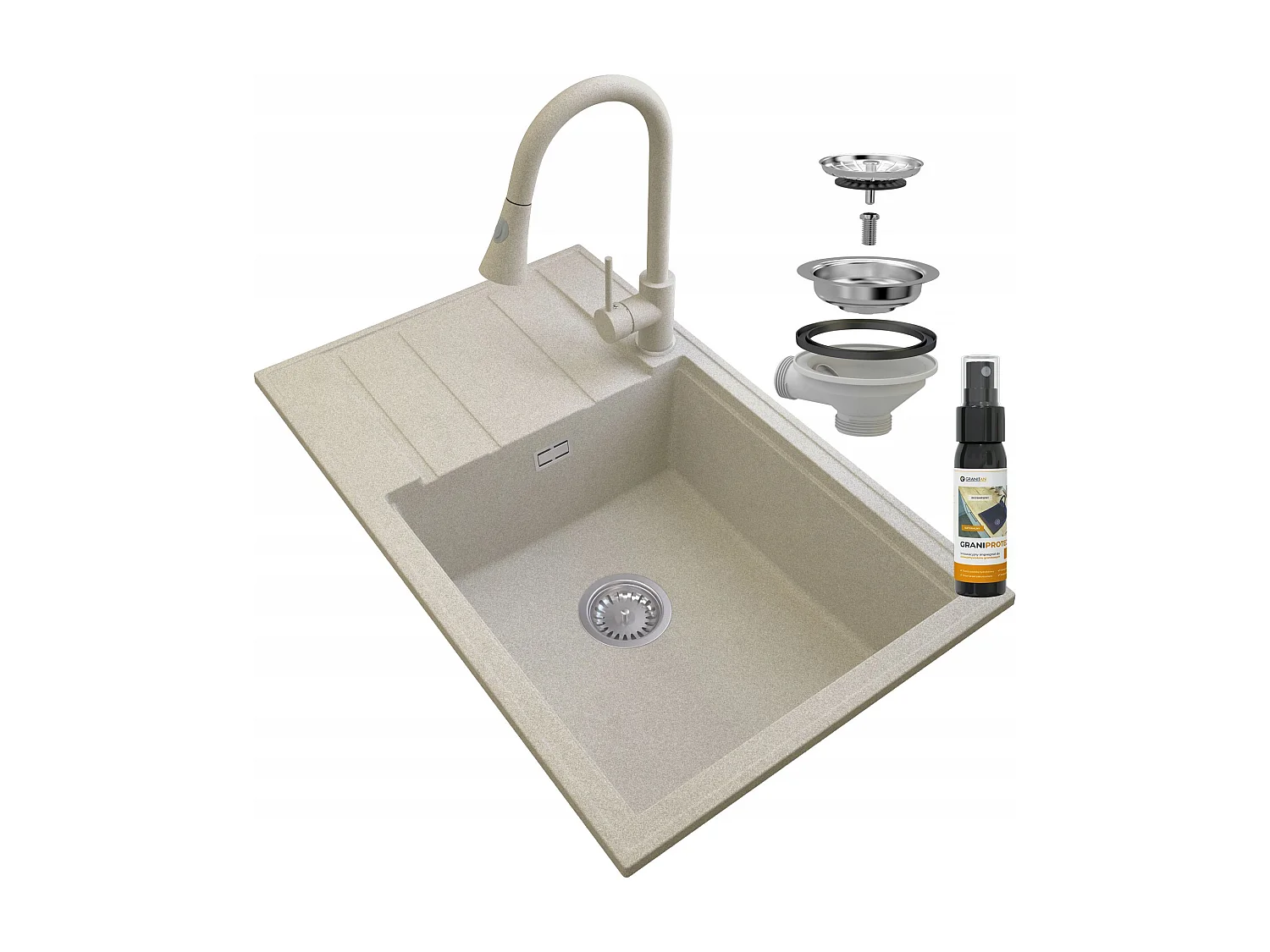 ÉVIER GRANIT BEIGE LOUIS CHROME SIPHON BAT SNAKE