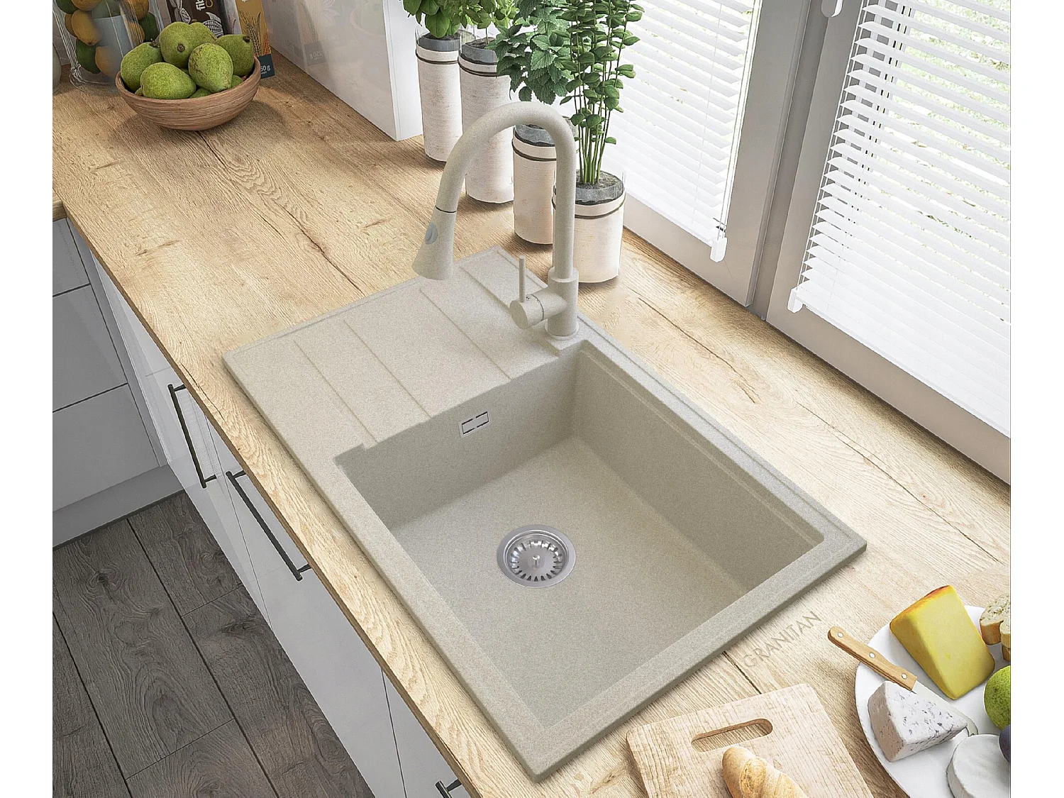 ÉVIER GRANIT BEIGE LOUIS CHROME SIPHON BAT SNAKE