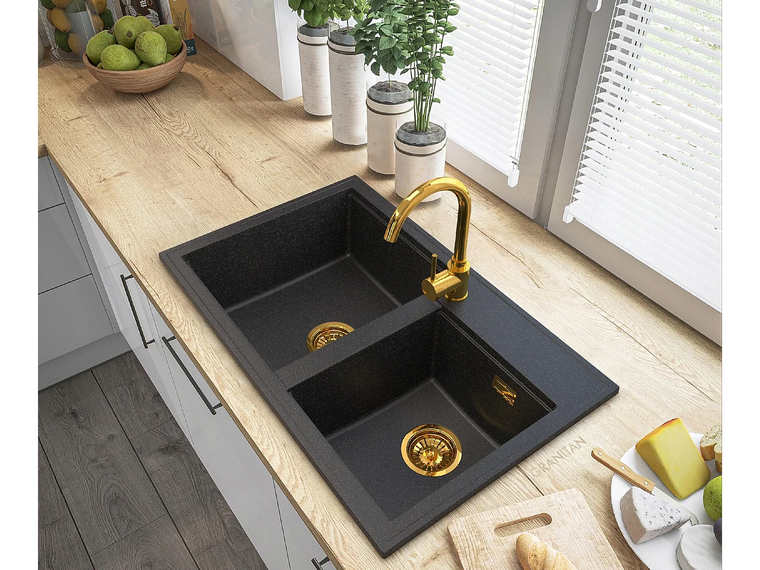 ÉVIER EN GRANIT ROBINET SIPHON DORÉ HECTOR DORÉ