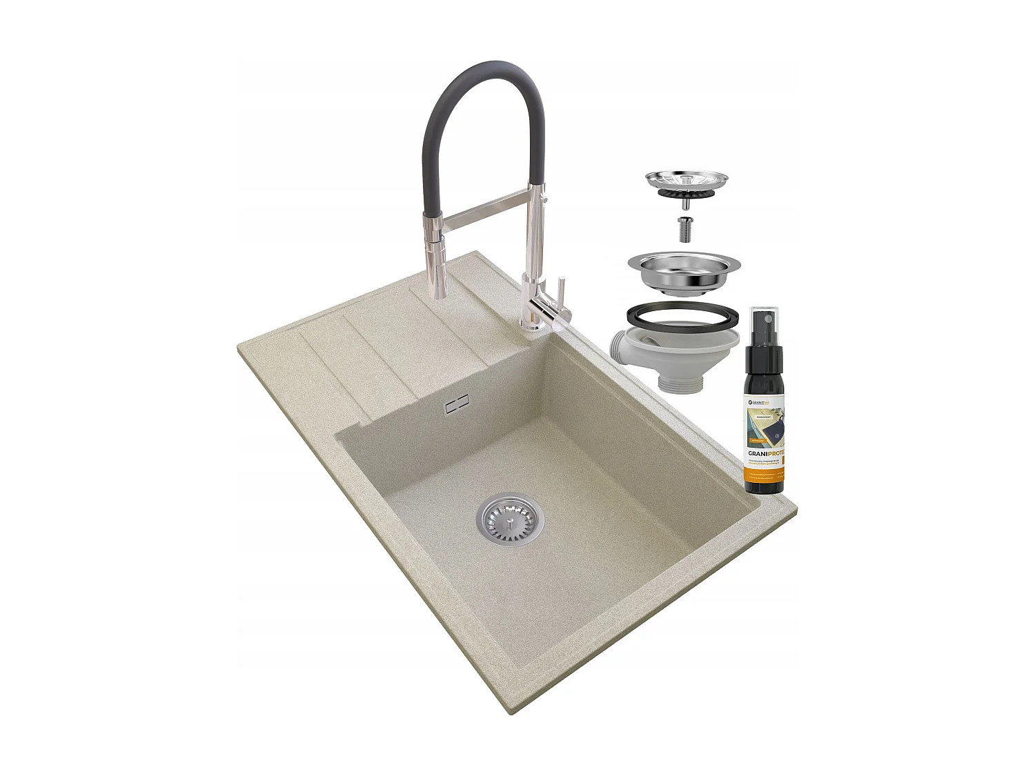 ÉVIER EN GRANIT BEIGE ROBINET SIPHON LOUIS CHROMÉ