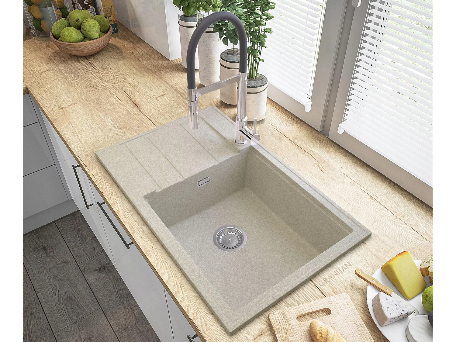 ÉVIER EN GRANIT BEIGE ROBINET SIPHON LOUIS CHROMÉ