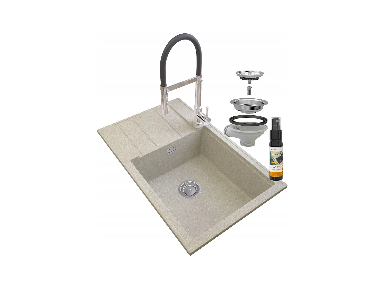 ÉVIER EN GRANIT BEIGE ROBINET SIPHON LOUIS CHROMÉ