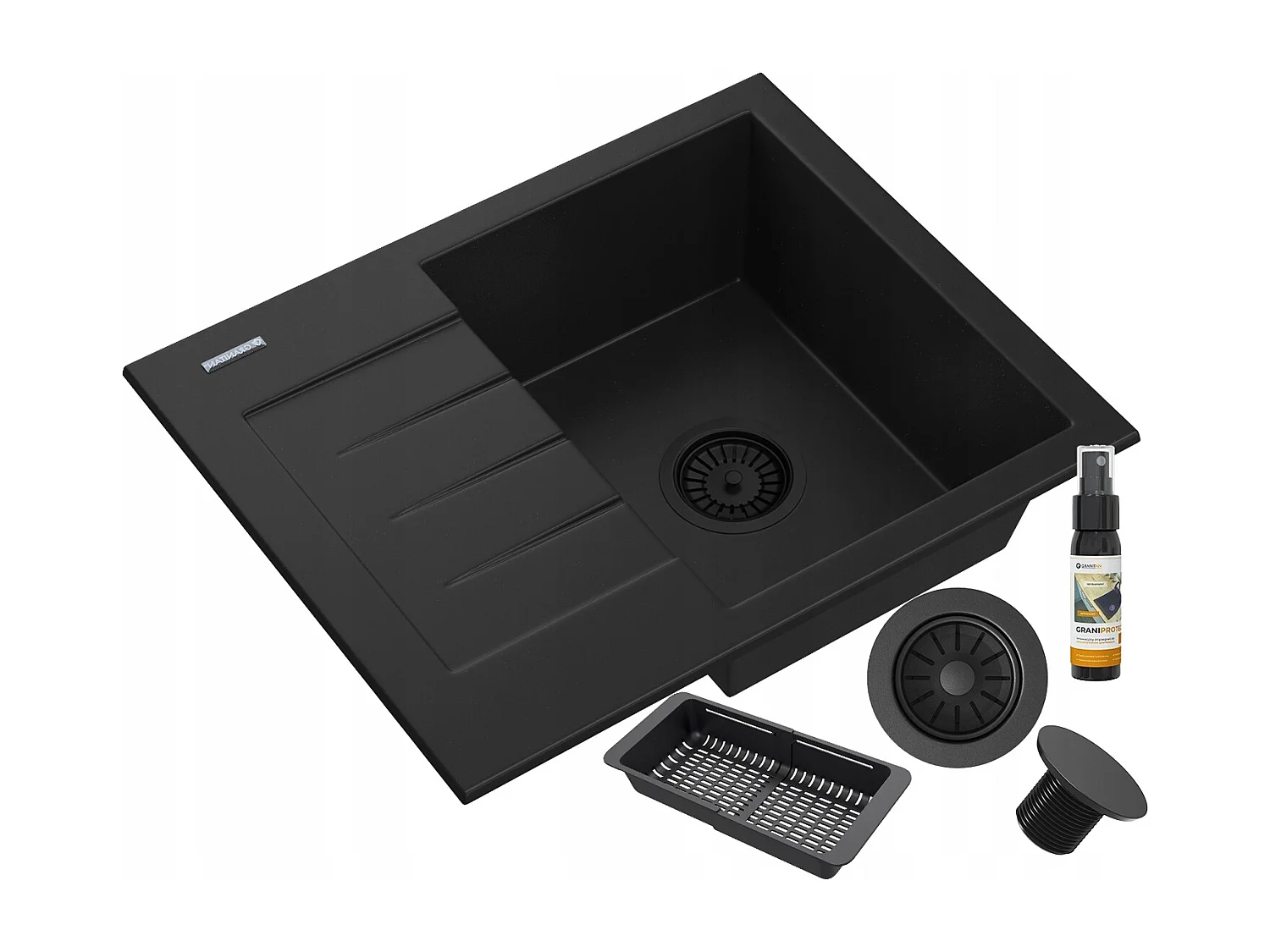 ÉVIER MONOCUVE EN GRANIT AVEC ÉGOUTTOIR SIPHON NOIR SET MILANO