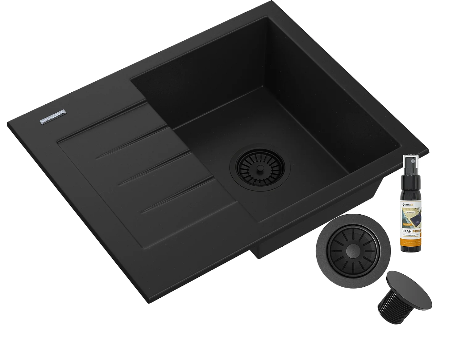 ÉVIER MONOCUVE EN GRANIT AVEC ÉGOUTTOIR SIPHON NOIR SET MILANO