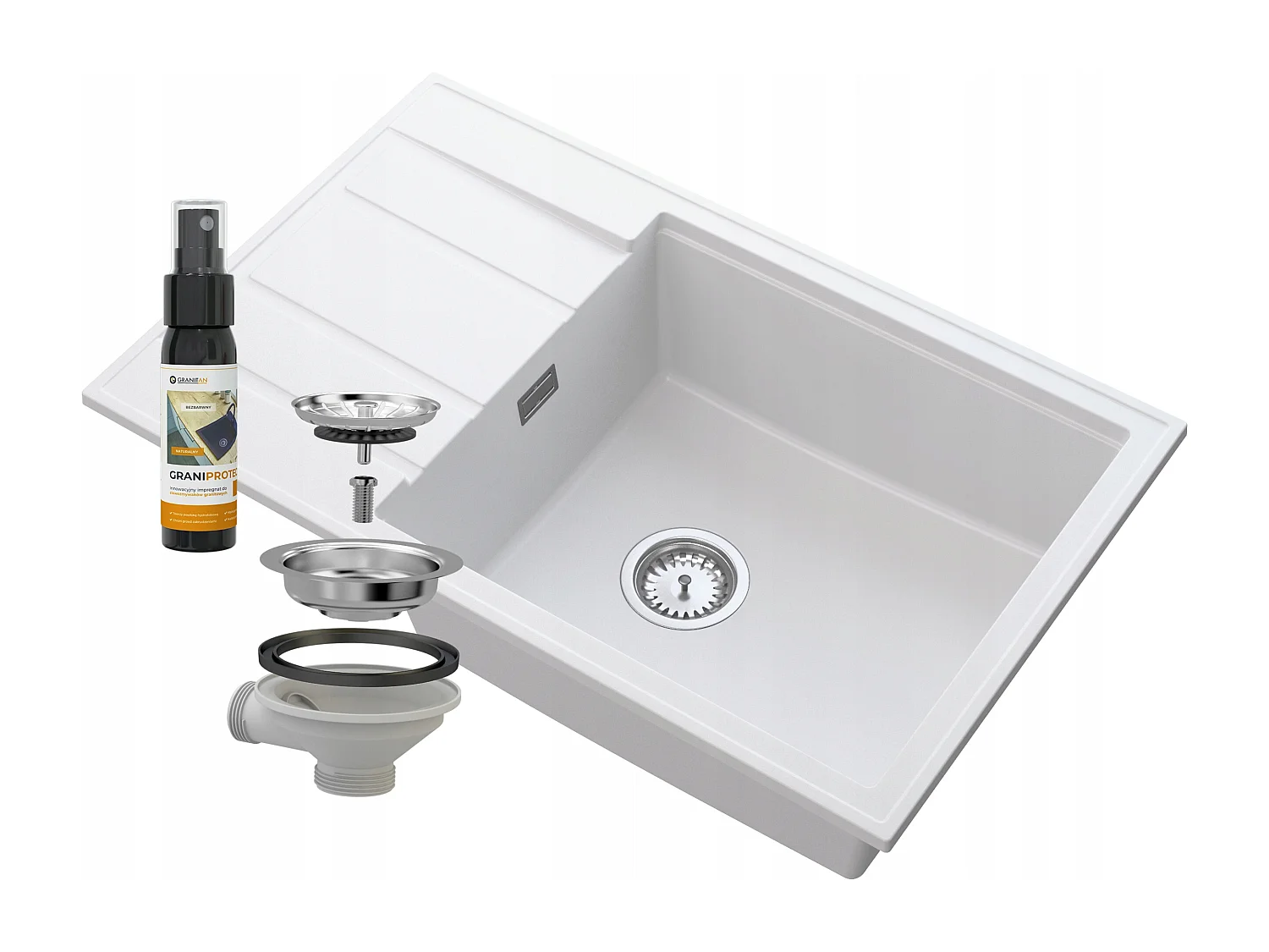 ÉVIER EN GRANIT BLANC SIPHON CHROME LOUIS