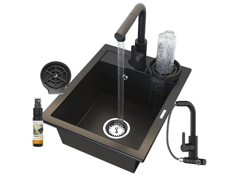 ÉVIER EN GRANIT NOIR ROBINET DE CUISINE LAVE-LINGE SIPHON SET BEST