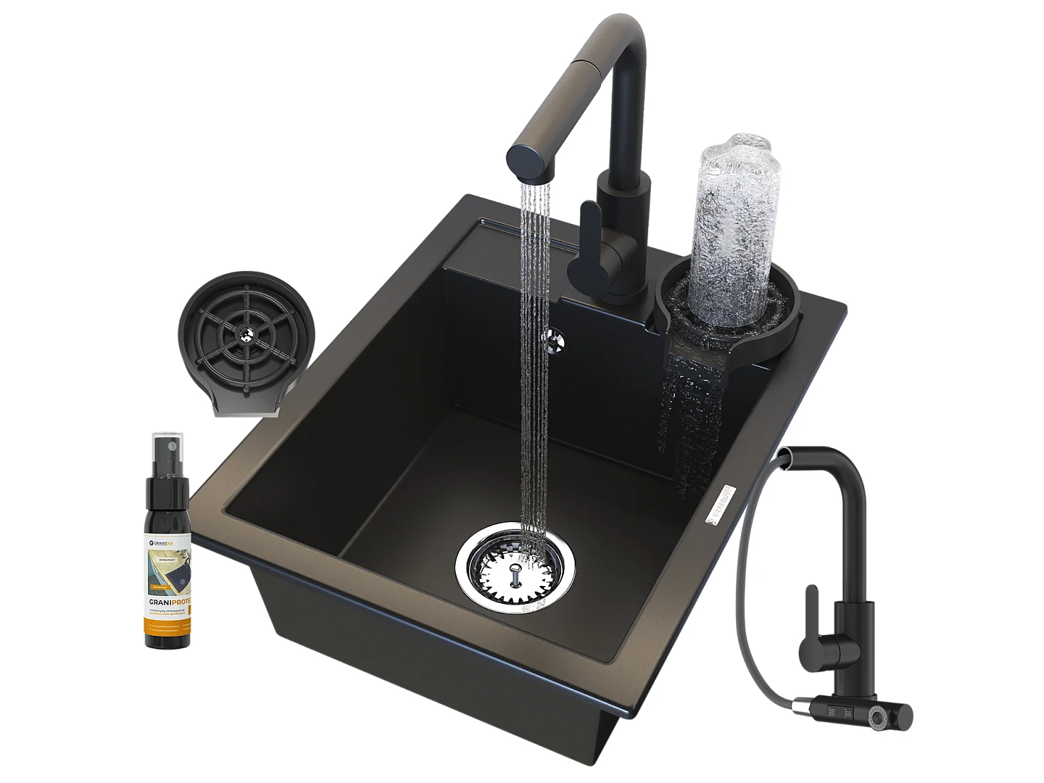 ÉVIER EN GRANIT NOIR ROBINET DE CUISINE LAVE-LINGE SIPHON SET BEST